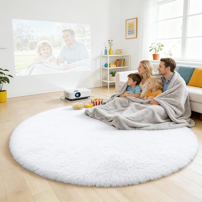 OLANLY White Round Rugs for Bedroom - Machine Washable, 8 ft Circle Area Rugs for Living Room, Soft and Fluffy Shaggy Carpet for Teen Girls and Boys, Nursery Rooms, Dorms, Home Decor Aesthetic