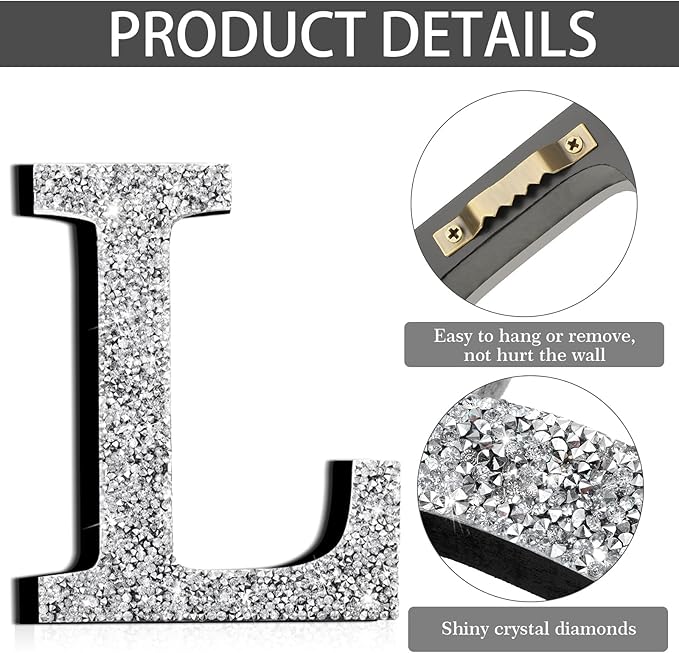 Qunclay 8'' Silver Crystal Diamond Bling Letters Crushed Diamond Decoration Wooden Glitter Letter with Screw and Hooks Rhinestone Gift for Wedding Y2k Mcbling Bedroom Wall Decor (Letter L)