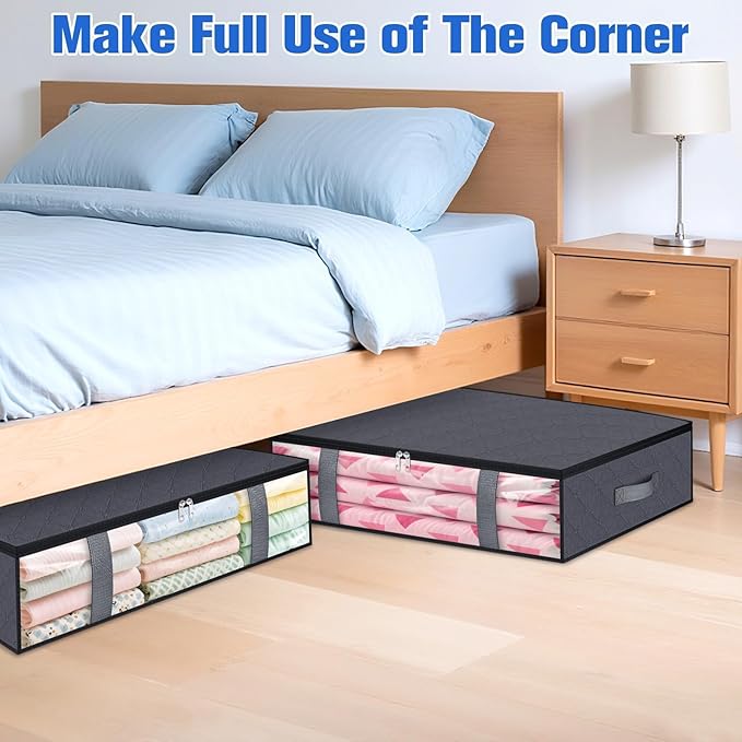 Under Bed Storage Containers, 6 Pack Blanket Storage Bags, Collapsible Storage Bags with Big Zippers, Clear Front, Shoe Storage and Organization for Clothes, Comforter, 60L, Grey