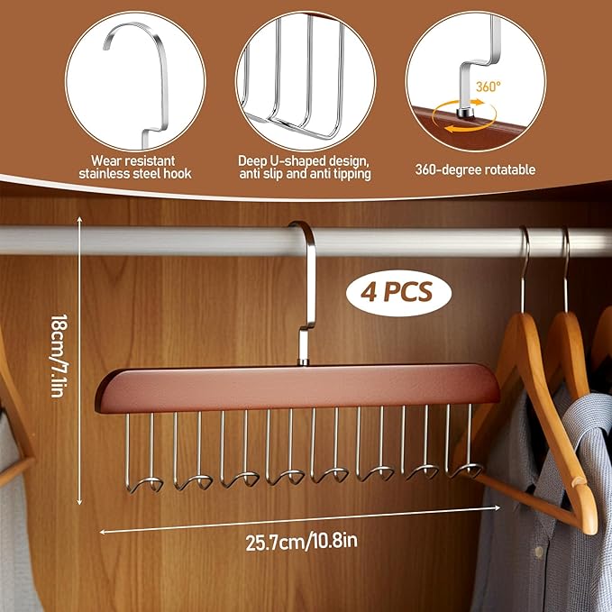 4 PCS Bra Hangers for Closet Organizer, Tank Top Hanger with 32 Hooks Tie Rack Belt Hanger Belts Rack Ties Holder 360° Rotatable Neck Tie Organizer Belt Holder for Ties, Scarves