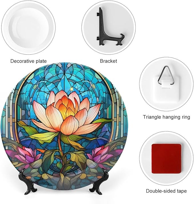Decorative Plates for Home Decor, Water Lily Blue Stained Glass Print Decor Tray for Table Display, Ceramic Dinner Plate W/Stand, Living Room Dining Room Decor, Gifts for Lotus Lover, 7 Inch