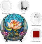 Decorative Plates for Wall Hanging, Water Lily Blue Stained Glass Print Ceramic Plate w/Display Stand, Home Decor for Kitchen Cabinets, Farmhouse Round Tray 6 Inch, Gift for Lotus Lover