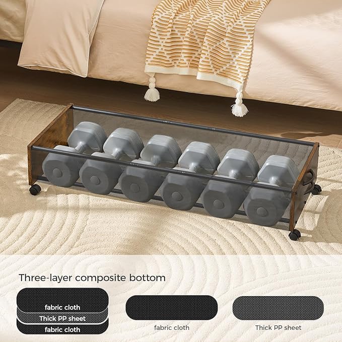 Under Bed Storage with Wheels, Wooden Under Bed Drawers On Wheels, Rolling Under Bed Shoe Storage, Space Saving,Rustic Brown,80L