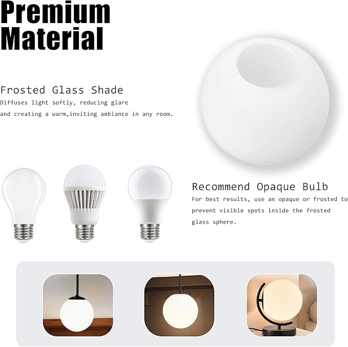 7.1 Inch Frosted White Glass Globe Lamp Shade with 2.56" Smooth Opening (No Lip) Milk Glass Ball Lampshade Cover Opal Sphere Shade Chandelier Light Fixture for Wall Sconce Pendant Light Table Lamp
