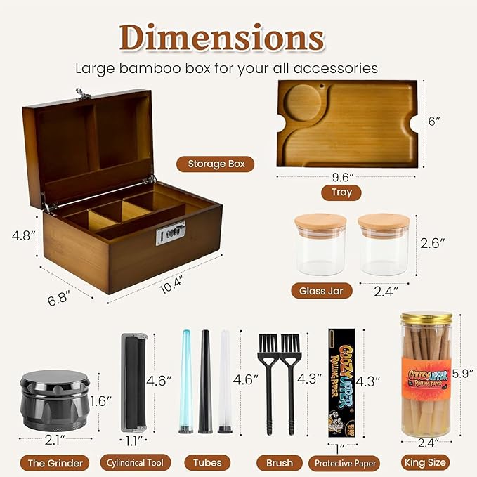 Large Bamboo Storage Box with Lock, Removable Tray, Glass Jars & Accessories, Elegant Wooden Household Organizer, Home Decor Gift Set