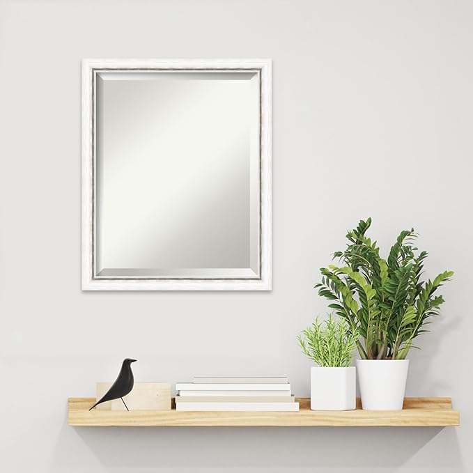 Amanti Art White Wall Mirror 22x18 Morgan White Silver Rectangle Bathroom Mirror for Wall Decor Living Room, Small Modern Wood Frame, Hangs Horizonally and Vertically, Bathroom Decor, Beveled Edge