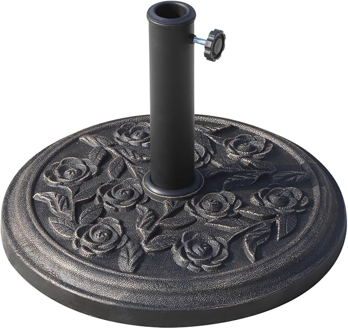 18" 20 Lbs Round Resin Umbrella Base Stand with Decorative Rose Floral Pattern & Easy Setup, Antique Bronze