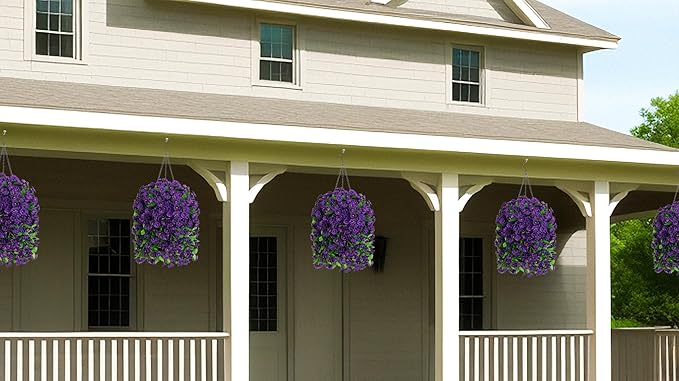 Artificial Faux Hanging Flowers Basket for Spring Summer Outdoor Porch Decor, Fake Silk Colorful Morning Glory Eucalyptus in Planter UV Resistant Look Real for Home Balcony Yard(Dark Purple)