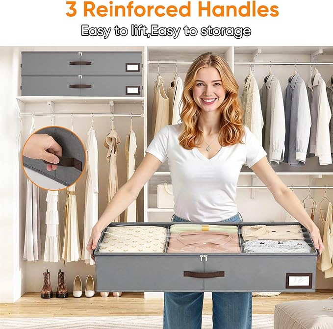 OIAHOMY 2 Pack Under Bed Storage, 6 Inch High Under Bed Storage Containers with Adjustable Dividers, Dual Zippers, &Clear Lid, 53L Under Bed Drawers For Clothes, Blankets, Clothing, & Shoes, Grey