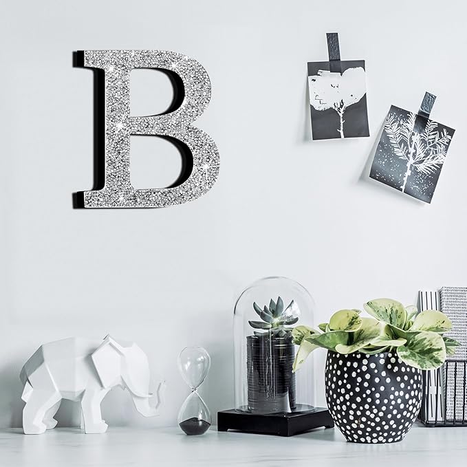 Qunclay 8'' Silver Crystal Diamond Bling Letters Crushed Diamond Decoration Wooden Glitter Letter with Screw and Hooks Rhinestone Gift for Wedding Y2k Mcbling Bedroom Wall Decor (Letter B)