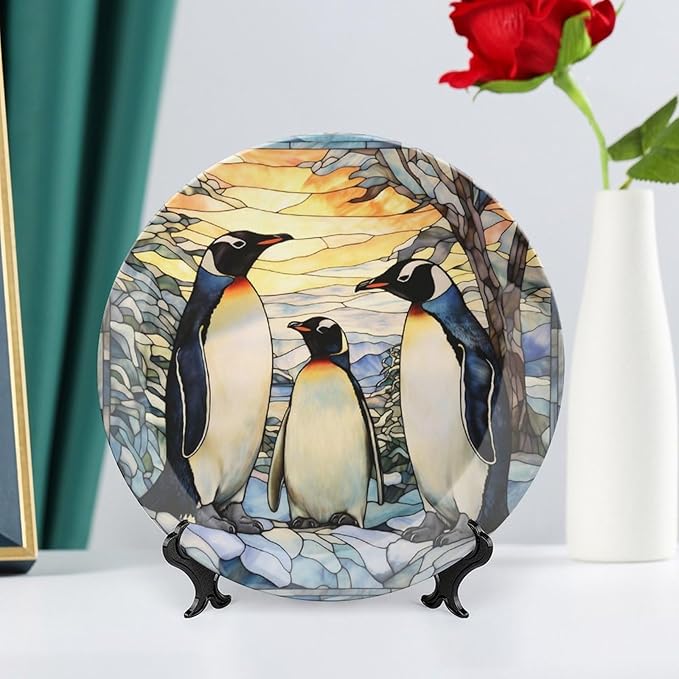 Penguins Family Snowy Forest Stained Glass Painting Decorative Plates Home Decor Ceramic Plates, Dinner Plates Display for Kitchen, Hallway Console Side Table, Presents for Penguin Lovers, 10 Inch