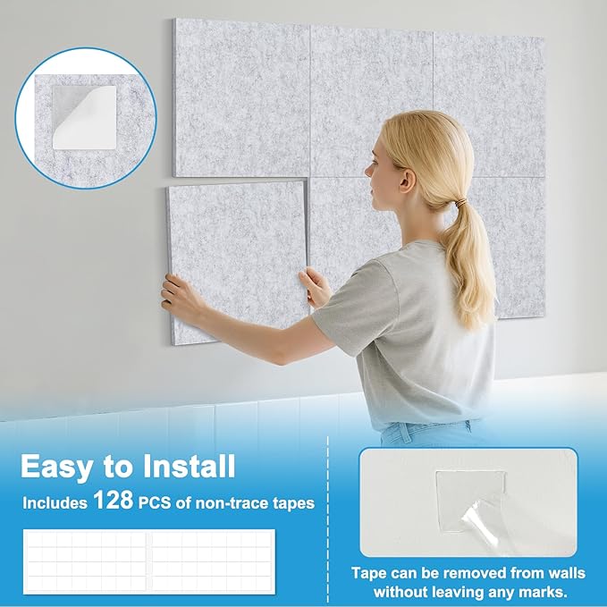 DOLLAR BOSS Felt Cork Board Tiles, 24 Packs 12" x 12" Thick Cork Bulletin Board Self Adhesive Acoustic Panels Soundproof Corkboards for Walls with Pushpins for Home Office Kitchen School, Light Grey