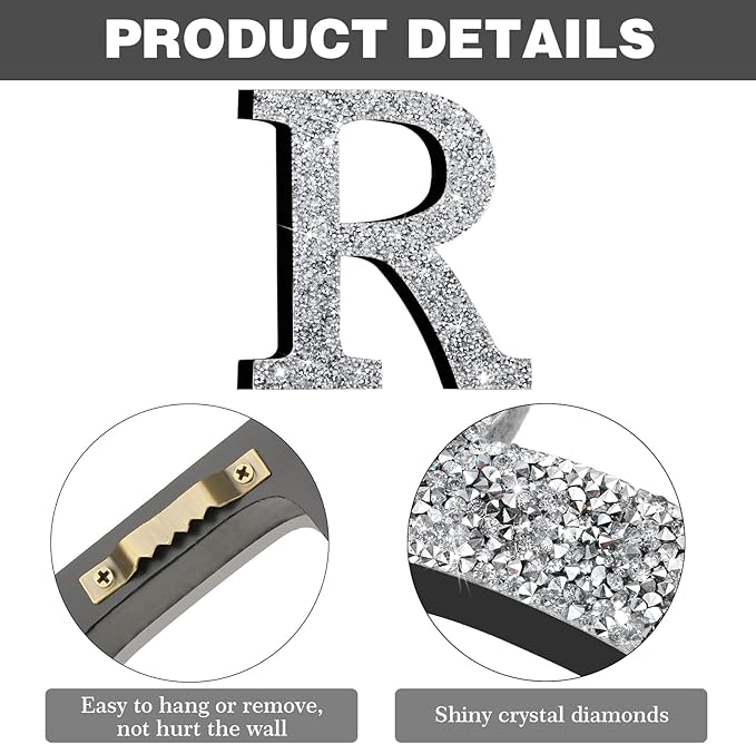 Qunclay 12'' Silver Crystal Diamond Bling Letters Crushed Diamond Decoration Wooden Glitter Letter with Screw and Hooks Rhinestone Gift for Wedding Y2k Mcbling Bedroom Wall Decor (Letter R)