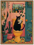 Funny Black Cat Bathroom Wall Art Whimsical Cat Reading Newspaper on Toilet Wall Decor Picture Cute Animal Bathroom Poster Canvas Painting Prints for Restroom 16x24 inch Framed