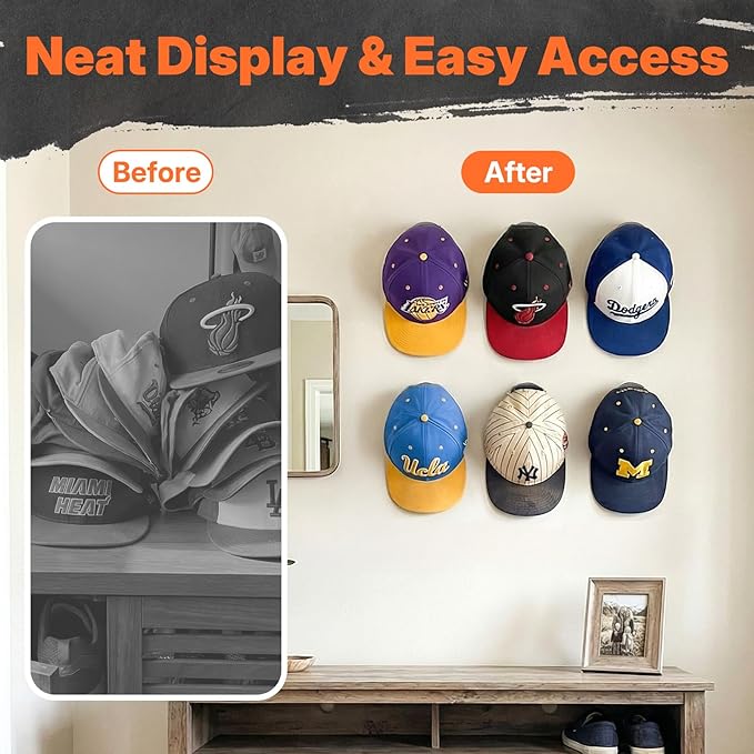 HOUSE DAY Adhesive Hat Hooks for Wall 32 Pack, Strong Hat Rack for Baseball Cap Display Organizer, Hats Holder for Wall, Door, Closet, No Drilling, Black