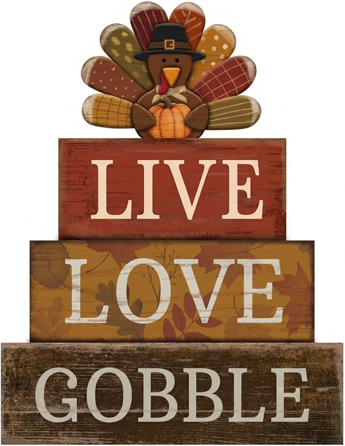 Lineshading 4 Pcs Fall Decorations for Home Wooden Thanksgiving Stacked Block Decor, "Live Love Gobble" Signs with Turkey Topper Thanksgiving Table Centerpiece Rustic Wooden Turkey for Autumn Kitchen