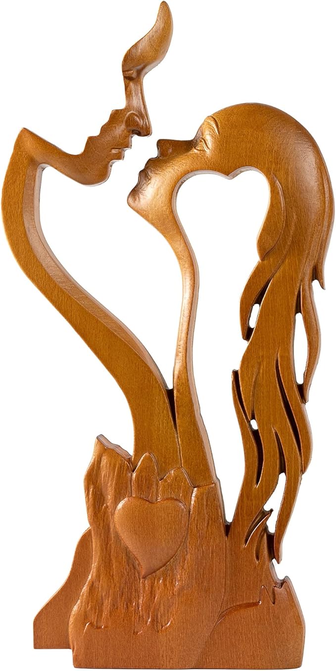 BGCOPPER Wooden Kissing Couple Ornament, Abstract Couple Portrait Sculpture Romantic Love Statue Decor Gift for Women Anniversary Valentine Wedding - 14 Inch