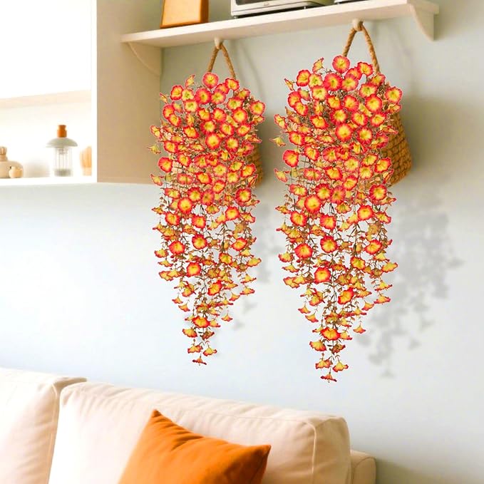 Fake Fall Hanging Flowers Artificial for Outdoor Decoration, 2 PCS Autumn Silk Faux Flowers Morning Glory with Eucalyptus Leaves, Realistic Hanging Plants for Wedding Home Office Garden Decor, Mix