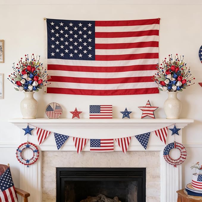 Idyllic 6 Pcs Patriotic Floral Stems with Sage Lamb's Ear, Red White Blue Berries & Tulips | 4th of July Memorial Day Wreath Decor