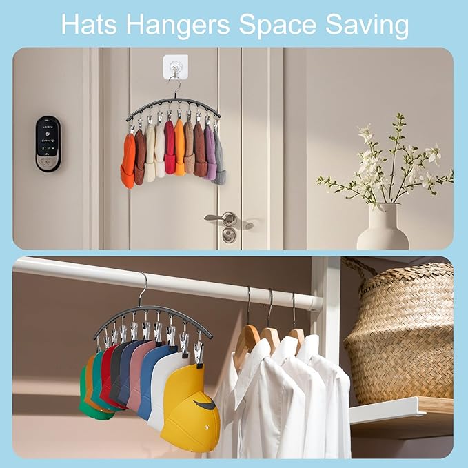 Hat Hangers for Closet, Metal 1 Pack Hat Organizer Holder for Hanger Closet Display, Hat Racks for Baseball Caps w/10 Clips, Hat Holder for Ball Caps & Accessories, for Men Women, Black