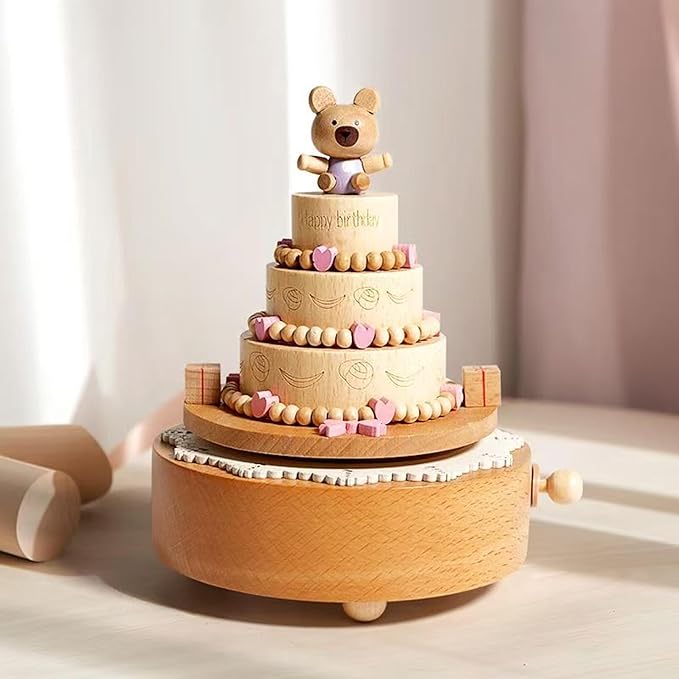 Natural Solid Wood Handcrafted Beech Wooden, Musical FigureTotoro/Carousel/Fairy/Ballerina Figurine,Rotating Hand Crank Mechanism Music Box,Musical Decorations (Cute Little Bear's Birthday Cake)