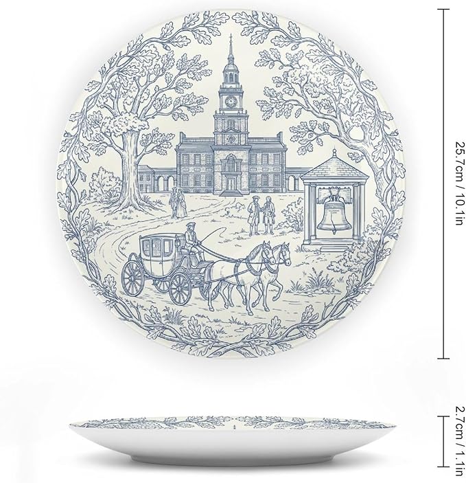 250th Anniversary Decorative Plates 10 Inch Patriotic Decorations Commemorative Plates with Stand Semiquincentennial 4th of July Veterans Day Home & Office Colonial Toile Design