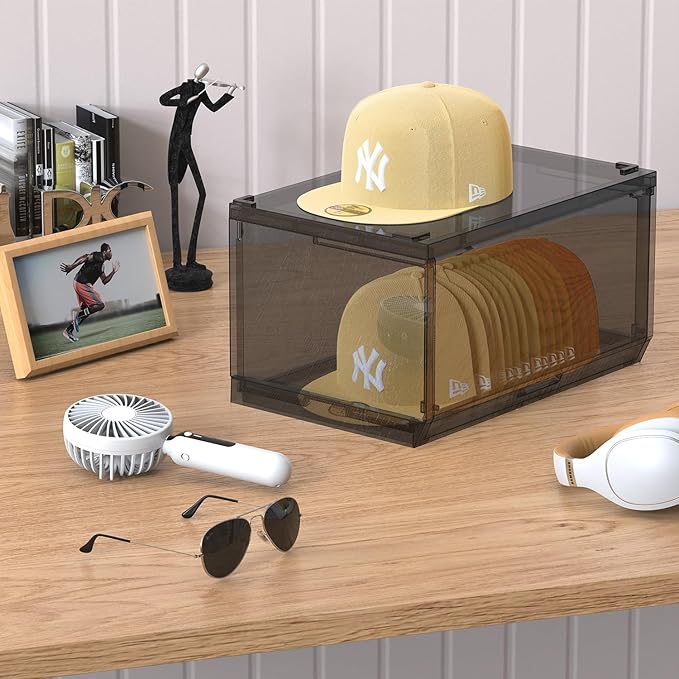 2 Pack Large Hat Organizer Box, Stackable Clear Baseball Caps Holder Box Containers with Sliding Door for Hats Snapback Cap Storag, Hat Rack Display Case, Holds 20 Hats Each -Black