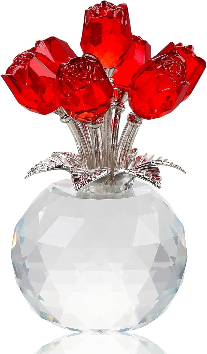 Arikyrist Crystal Red Rose Bouquet Figurine with Round Vase, Glass Rose Flower Romantic Gifts for Women Mom on Birthday, Collectible Decoration Table Centerpiece for Home