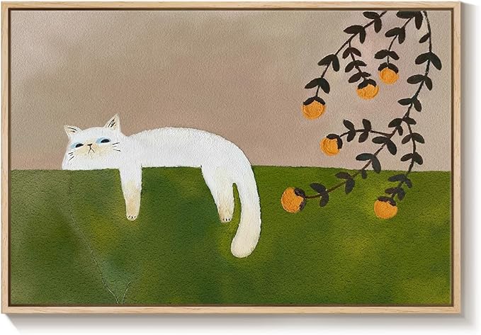 Framed Neutral and Green Wall Art for Bedroom Decor, Large Cozy Cat Canvas Painting Artwork for Room Walls, Green Picture Print for Dining Room Nursery Guest Room Hallway Wall Art Decor, 24x36 Inch