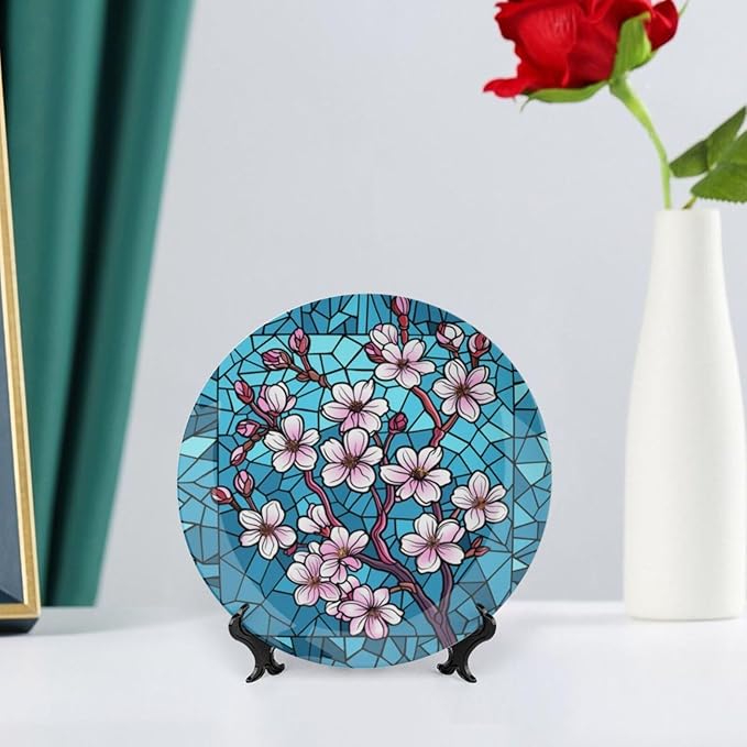 Stained Glass Theme Decorative Ceramic Plate Round Porcelain Plate,8 inch,Cherry Tree Pattern,for Decorative Ornaments Giving Plates, 1 Plate with 1 Display Stand,Blue Pink