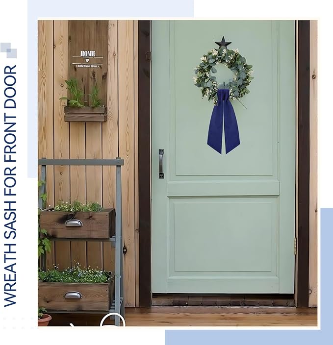 2 Pcs Navy Blue Wreath Sash for Front Door Linen Wreath Ribbon Bow for Yard Porch Garland Home Decor