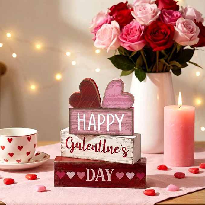 Yuntau 5 Pcs Happy Galentines Day Decorations Wooden Hearts Table Centerpiece Happy Galentines Day Party Table Sign for Valentines Tiered Tray Desk Mantle Shelf Decor
