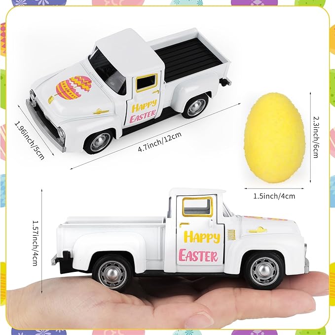 Easter Metal Truck with Yellow Eggs Easter Party Decors Easters Gifts Basket Stuffers Farmhouse Vintage White Metal Truck Decor Vintage Collectible Car for Desk Bookshelf