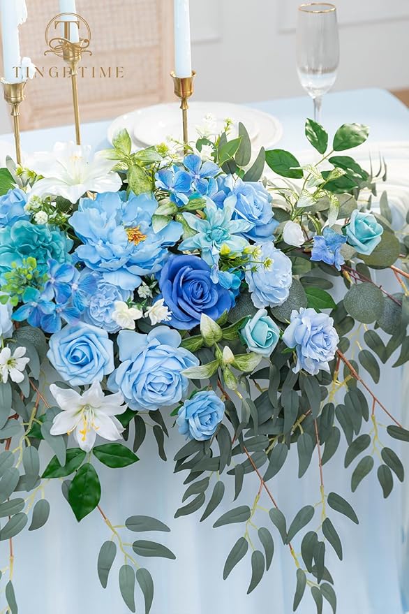 TINGE TIME Artificial Sweetheart Flower Swag with Tablecloth and Table Runner, Pack of 3 Floral Arrangement for Wedding Sweetheart Table Centerpiece Decoration Valentine's Day (Provence Blue)
