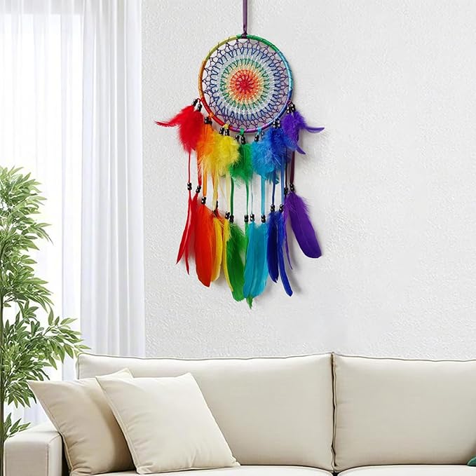 Colorful Dream Catcher Rainbow Dream Catchers Wall Decor Handmade Feather Dreamcatcher Wall Hanging Ornament for Bedroom Living Room Home Decor