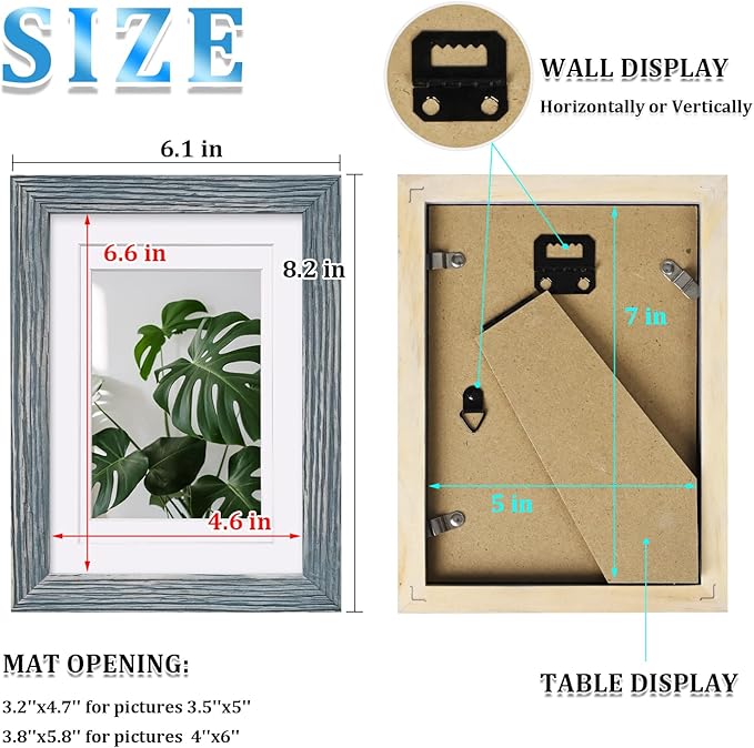 Egofine 5x7 Picture Frames Set of 4, Made of Solid Wood Covered by Plexiglass 3.5x5 and 4x6 with Mat or 5x7 without Mat, for Table Top Display and Wall Mounting Photo Frame Rustic Blue