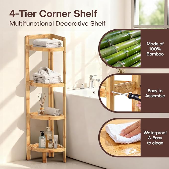 2026 New Bamboo Standing Shelf, 4 Tier Corner Shelf Stand, Free-Standing Shelf Units, Triangular Curved Corner Shelf Stand for Space-Saving Display Ideal for Bathroom/Kitchen/Living Room Storage