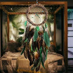 Dream Catcher Native American Boho Dreamcatcher Rattan Wall Decor, Handmade Natural Peacock Feathers Green Colorful Beaded Hanging Oranment Indian Decor for Girls Bedroom (Green Peacock Feather)