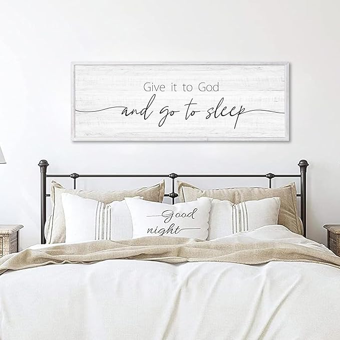 Give It to God and Go to Sleep Sign Framed Large 41''×15'' Above Bed Wall Decor for Bedroom Farmhouse Wall Decor Guest Room Decor Rustic Master Bedroom Wall Decoration Wood Wall Art (white frame)