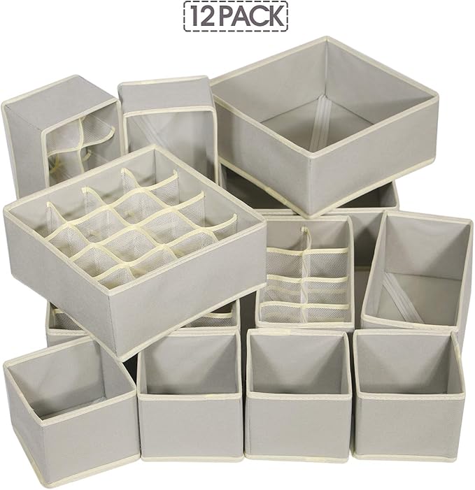 12 Pack Foldable Drawer Organizer Dividers Cloth Storage Box Closet Dresser Organizer Cube Fabric Containers Basket Bins for Underwear Bras Socks Panties Lingeries Nursery Baby Clothes Gray
