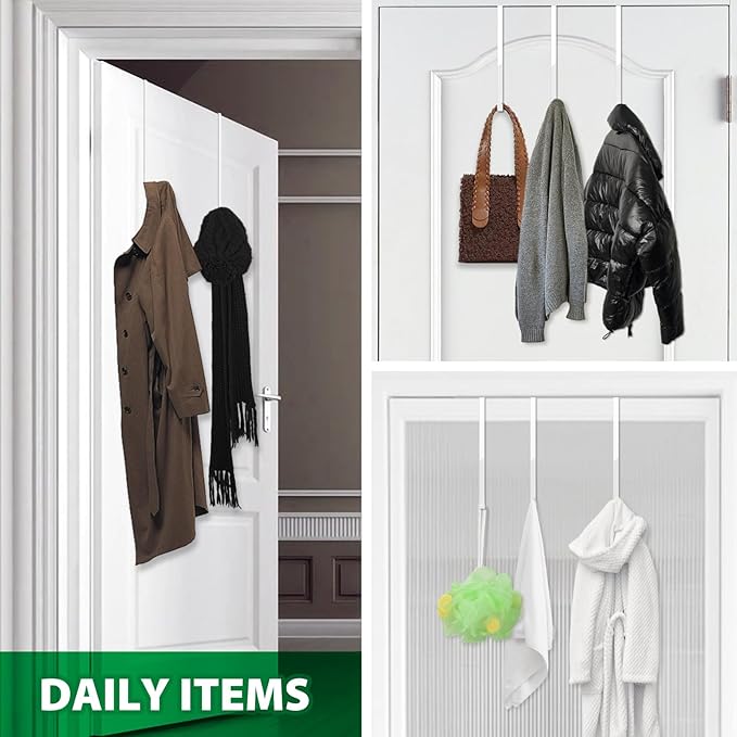 Booda Brand 14" Over The Door Hooks, 4 Pack Widen Wreath Hangers Fit The 1-3/4" & 1-3/8" Door Thicknesses, Z-Shaped Metal Door Hanger Hooks for Hanging Wreaths, Hats,and Clothes (White-4Pack)