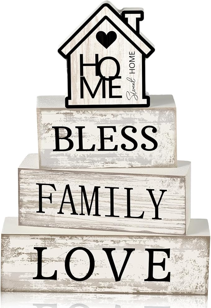Yuntau 4 Pcs Farmhouse Wooden Tabletop Decor Sweet Home Tiered Tray Decor Rustic Retro Wood Bless Family Love Block Sign Gift Neutral Centerpiece Farmhouse Table Sign for Home Shelf Mantle