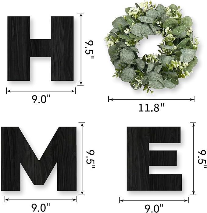 Pinkpum Wood Home Sign with Artificial Eucalyptus Wreath for O, Hanging Farmhouse Wall House Decor Wood Letters for Wall Art Rustic Home Decor, Wall Decor for Living Room Kitchen Entryway (Black)