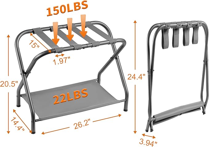 Heybly Luggage Rack for Guest Room, Steel Folding Suitcase Stand with Storage Shelf for Bedroom, Hotel, Foldable Steel Frame, Guest Room Bedroom Hotel, 22.8" L x 11.8" W x 20.9" H, Gray HLR004G1