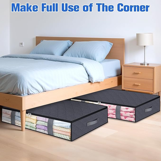 Under Bed Storage Containers, 8 Pack Blanket Storage Bags, Collapsible Storage Bags with Big Zippers, Clear Front, Shoe Storage and Organization for Clothes, Comforter, 90L, Grey