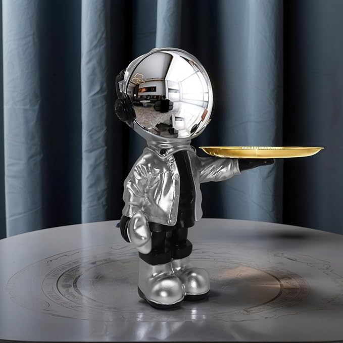 Dosker Astronaut Statues with Candy Dish & Key Dish,Spaceman Sculpture Polyresin Arts Gifts,Figurine Ornament Room Decor for Men,Tabletop Decoration for Living Room, Office, Entryway(Silver)