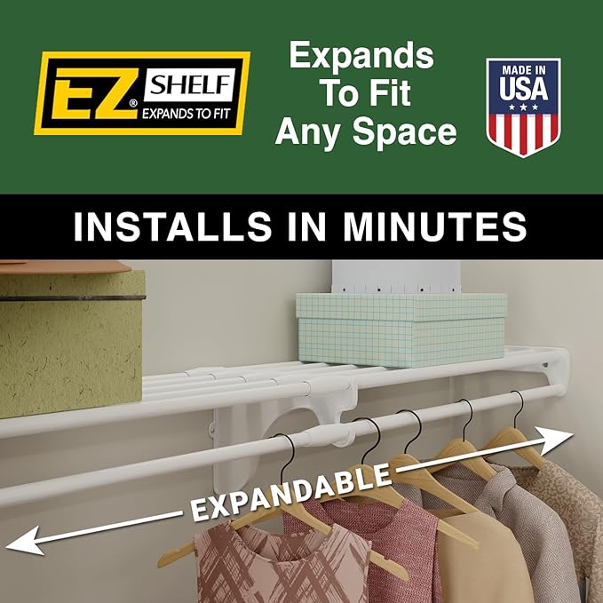 EZ Shelf - Hanging Shelf - Closet Rod - Expands 17.5-27” - White, Closet Shelves - Strong, Holds 200 lbs - DIY, Easy Install - to 2 Side Walls - Alternative to Wire Shelving