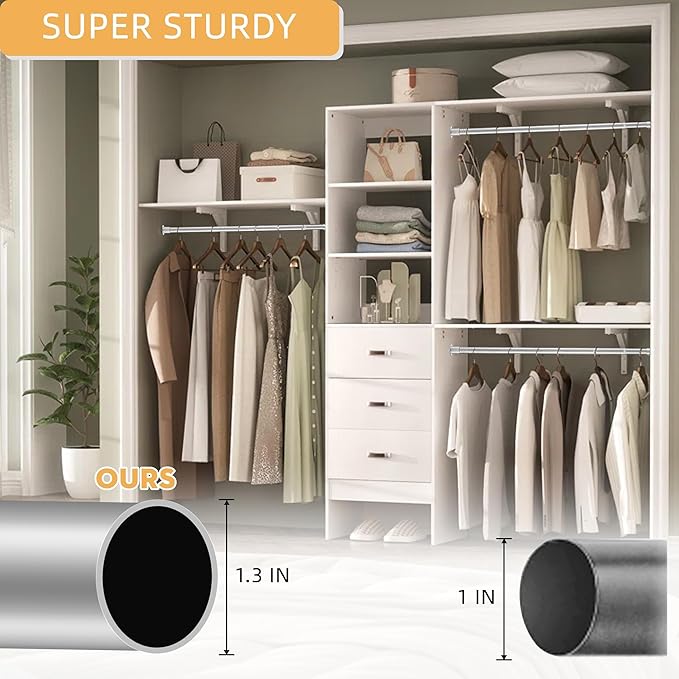 1.3 Inch Diameter Closet Rods for Hanging Clothes 17-64 Inch Adjustable, Metal Heavy Duty Closet Pole, Silver Closet Bar for Hanging Clothes, Suitable for Closet, Wardrobes, Bathroom, Windows