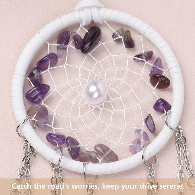 Pretty Jolly Crystal Stone Small Dream Catchers Purple Feathers Mini Dreamcatchers with Beads for Cars Rear View Mirror Hanging Decoration Good Luck Travel Charm Bedroom Ornaments for Women Girls