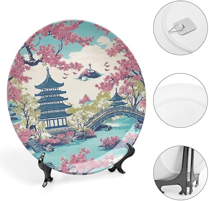 Chinoiserie Pagoda White Coral Blue Asian Plates Ceramic of 6", 7", 9", 10", Custom Ceramic Salad Plates, Home Art Decoration Decorations Wedding, Unique Art with Stand